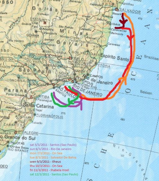 Map of Brazil, part Sao Paulo to Salvador de Bahia